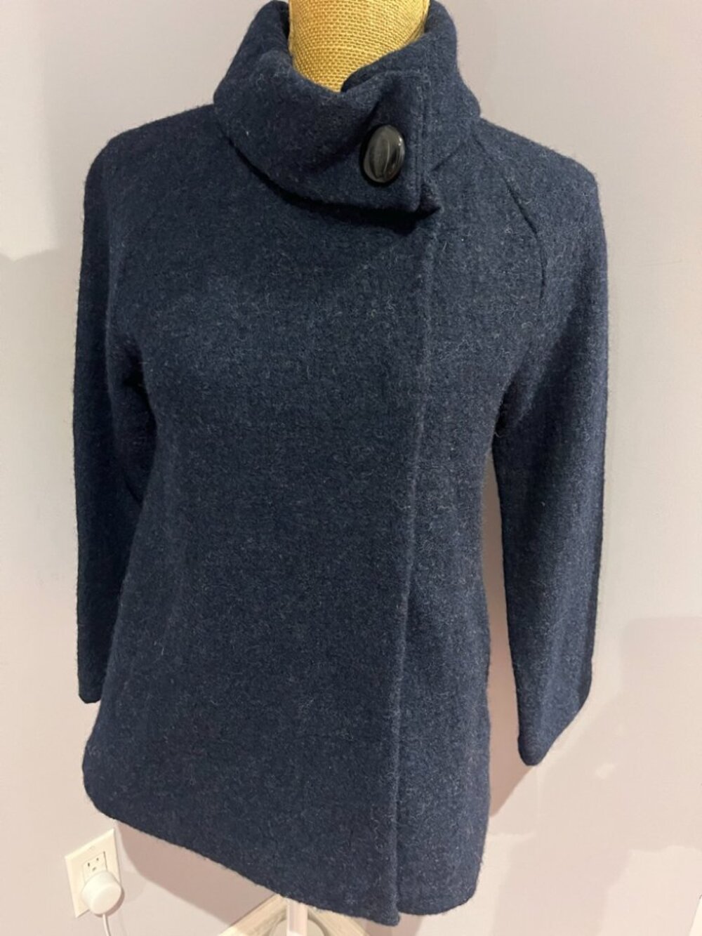 Paul Costelloe 100% Boiled Wool Funnel Neck Asymmetric Jacket Navy Blue Size 6
